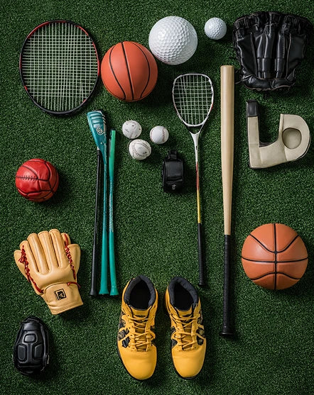 Collection of sports equipment including balls, bats, and gloves on a green surface