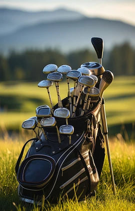 Golf clubs in a bag on a grassy field with mountains in the background